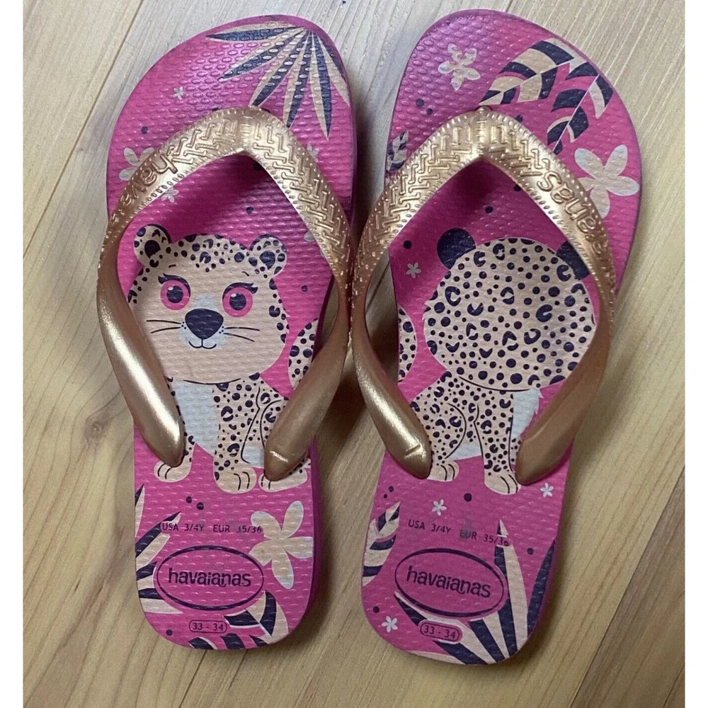 Havaianas Girl's Kids Sz 3/4Y Top Pets Cheetah Slippers Flip Flops Beach Pool